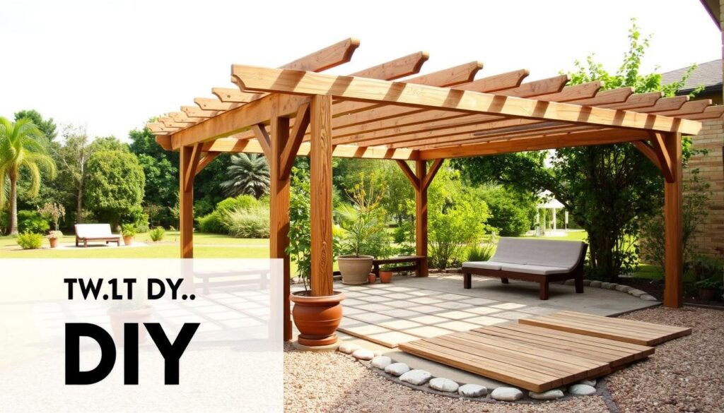 A cozy, rustic outdoor setting with a handcrafted wooden pergola as the focal point. The pergola's sturdy beams and intricate lattice work cast gentle shadows on the surrounding landscape, creating a warm, inviting atmosphere. In the foreground, a combination of potted plants and natural stones adorns the ground, adding texture and depth. The middle ground features neatly arranged wooden planks, suggesting the preparatory stage of the construction process. The background showcases a tranquil, lush garden with verdant foliage, hinting at the harmonious integration of the pergola into its natural surroundings. Soft, diffused lighting illuminates the scene, evoking a sense of serene relaxation. The overall composition emphasizes the DIY aspect, guiding the viewer through the initial steps of building this charming wooden pergola.