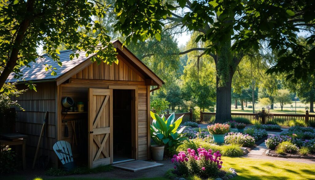 A cozy wooden garden shed nestled amidst a lush, verdant landscape. The structure features a charming slanted roof, weathered wooden siding, and a rustic double-door entrance. In the foreground, a neatly organized tool shed with various gardening implements. Dappled sunlight filters through the surrounding foliage, casting a warm, inviting glow. In the middle ground, a well-tended flower bed with vibrant blooms. The background is a serene, tranquil scene with towering trees and a glimpse of a picturesque garden pathway. The overall atmosphere evokes a sense of peaceful retreat and the joys of outdoor living.