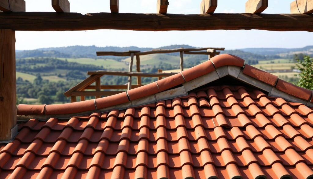 A detailed, high-resolution image of a traditional French residential roof, or "toiture", with a gently sloping, terracotta-tiled surface and a warm, mellow color palette. The roofline stands prominently in the foreground, casting soft shadows and reflecting the natural light. In the middle ground, the structural framework of wooden beams and supports is visible, showcasing the craftsmanship and durability of this classic construction material. The background features a tranquil, picturesque countryside setting, with rolling hills and lush greenery, creating a peaceful, rustic ambiance. The overall composition conveys the natural beauty, functionality, and timeless appeal of this essential building component.