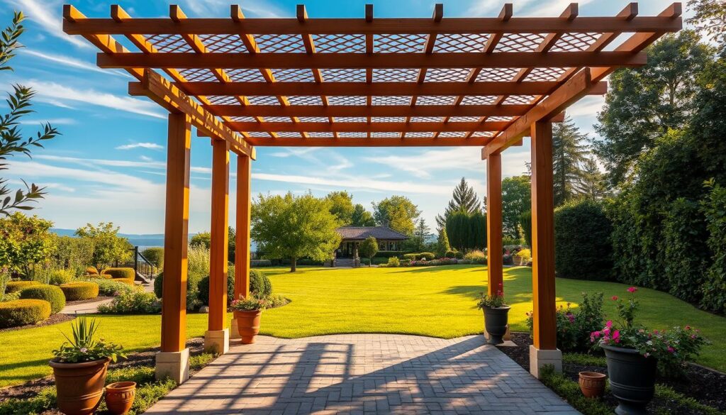 A picturesque wooden pergola standing tall in a lush garden, its sturdy beams and intricate lattice casting gentle shadows on the ground below. The structure is bathed in warm, golden sunlight, creating a serene and inviting atmosphere. The foreground features a paved path leading towards the pergola, with potted plants and flowers lining the edges, adding a touch of natural beauty. In the middle ground, a well-manicured lawn stretches out, framed by verdant trees and shrubs. The background depicts a tranquil, blue sky with wispy clouds, completing the idyllic outdoor setting. This pergola offers a captivating blend of form and function, seamlessly integrating with the surrounding landscape to create a stunning focal point for any outdoor living space.