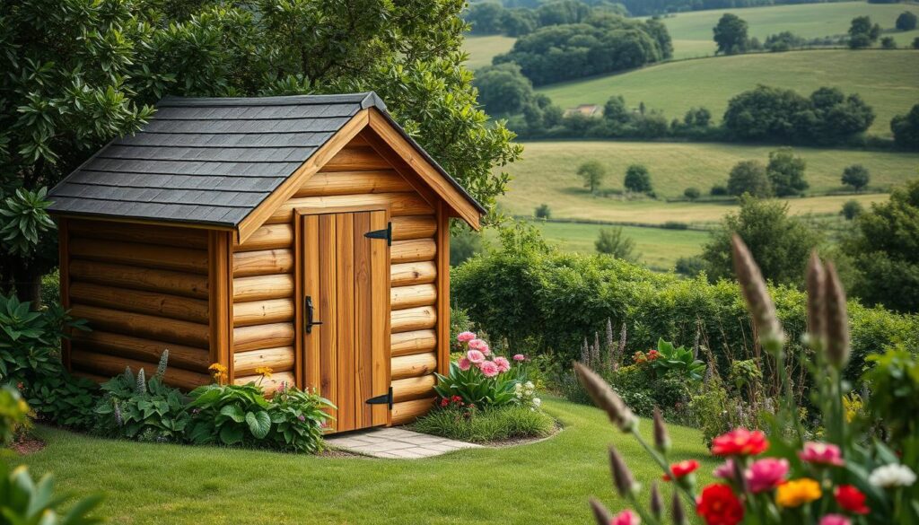 A quaint wooden garden shed nestled amidst a lush, verdant landscape. The structure features a pitched roof, wooden siding, and rustic charm. The foreground showcases intricate wood grains and natural textures, while the middle ground depicts a well-tended garden with vibrant flowers and greenery. The background presents a serene countryside setting, with rolling hills and a soft, diffused lighting that creates a warm, peaceful atmosphere. The overall composition conveys the charm and functionality of a traditional wood-built garden shed, perfectly suited for the article's topic.