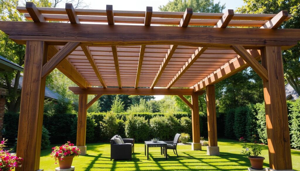 A rustic wooden pergola stands in a lush garden, its sturdy beams casting warm, natural shadows across the well-manicured lawn. The structure is artfully crafted, with intricate joinery and a weathered, charming aesthetic that seamlessly blends with the surrounding greenery. Sunlight filters through the slatted roof, creating a dappled, inviting ambiance. In the foreground, vibrant potted plants and neatly arranged patio furniture suggest a cozy, welcoming outdoor living space. The pergola's design appears both sturdy and elegant, perfectly encapsulating the advantages of a wood-framed structure for enhancing a home's exterior.