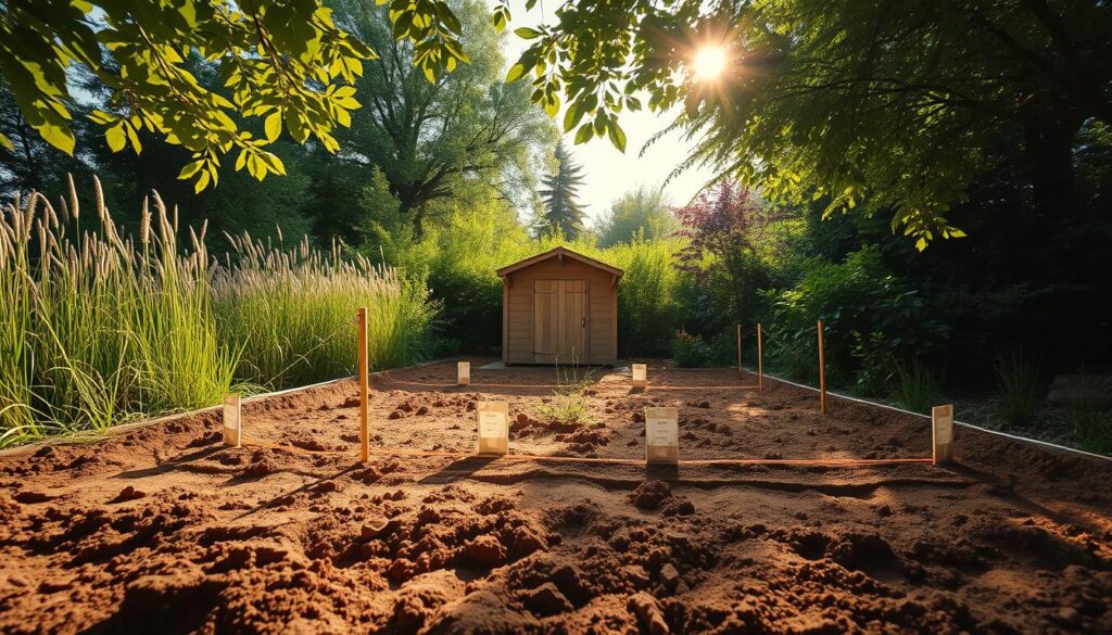 A serene garden landscape in warm, natural lighting. In the foreground, a neatly cleared dirt plot, the soil tilled and ready for construction. Carefully placed markers and string delineate the planned dimensions of a wooden garden shed. Surrounding the site, lush greenery - tall grasses, shrubs, and trees - creating a tranquil, private atmosphere. Overhead, a soft, diffused sunlight filters through the leaves, casting gentle shadows across the scene. The camera angle captures the preparation process from an eye-level perspective, inviting the viewer to imagine themselves immersed in the process of building a sustainable, eco-friendly garden retreat.