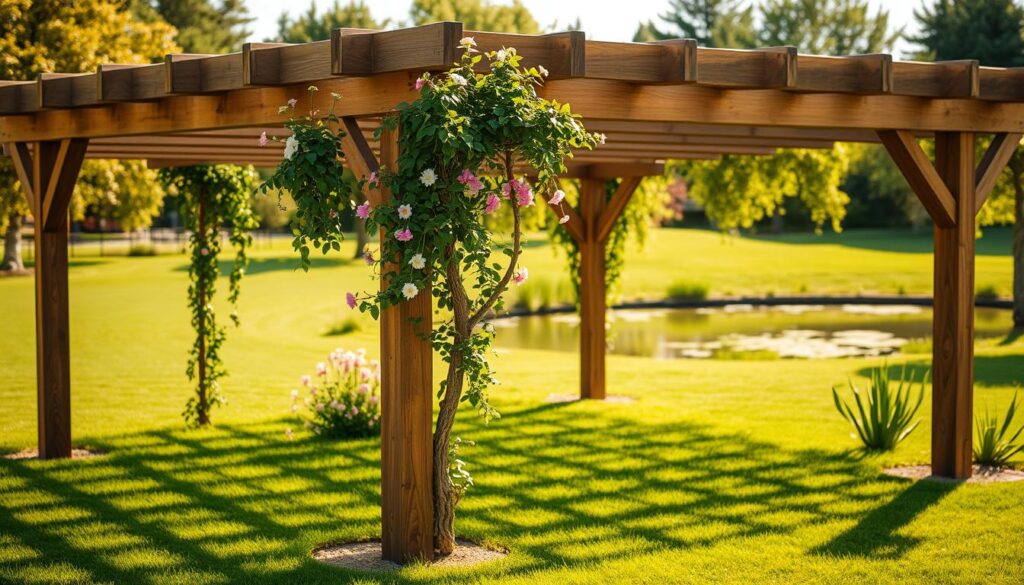 A serene outdoor setting with a well-constructed wooden pergola serving as the focal point. The pergola's sturdy framework, consisting of thick, rustic beams and posts, casts gentle shadows onto the lush, verdant lawn beneath. Climbing vines and fragrant flowers adorn the structure, creating a charming, natural aesthetic. The scene is bathed in warm, golden sunlight, effortlessly conveying a sense of tranquility and relaxation. In the background, a tranquil pond reflects the pergola's graceful silhouette, complementing the overall peaceful ambiance. The camera angle captures the pergola from a slightly elevated perspective, emphasizing its prominence within the thoughtfully curated landscape.