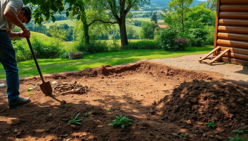 A tranquil outdoor scene depicting the preparation of a garden plot for a wooden shed. In the foreground, a worker diligently clears the ground, removing debris and leveling the soil with a shovel. The middle ground shows the excavation of a shallow foundation trench, with loose dirt piled neatly at the side. In the background, lush greenery and a picturesque rural landscape provide a serene backdrop. The lighting is natural and diffused, casting soft shadows that accentuate the textures of the earth. The overall atmosphere conveys a sense of peaceful productivity, setting the stage for the construction of the wooden shed.