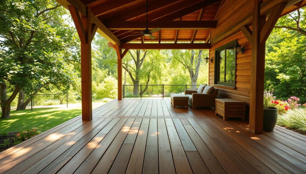 A warm, rustic wooden terrace overlooking a lush, verdant landscape. The terrace is constructed with smooth, weathered pine planks, seamlessly integrated with sturdy wooden posts and beams. Sunlight filters through the canopy of trees, casting a gentle glow and creating captivating patterns on the wooden surface. The terrace is spacious, with ample room for outdoor furniture and a cozy lounge area. In the background, a picturesque garden with vibrant flowers and greenery adds to the tranquil ambiance. The overall scene conveys a sense of relaxation and connection with nature, perfectly suited for a peaceful outdoor living space.