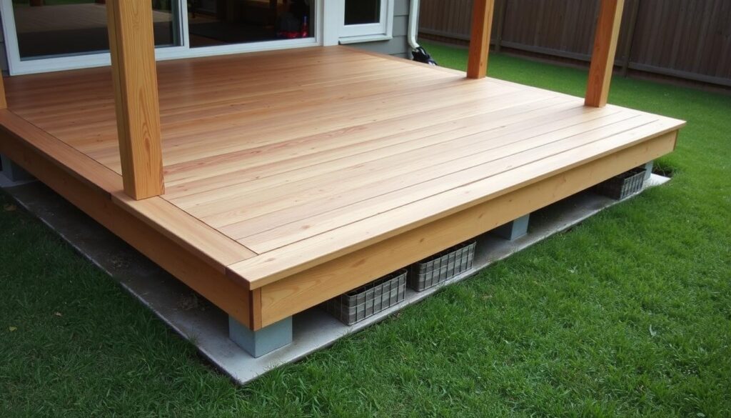 A well-constructed wooden deck resting on sturdy concrete plots, positioned on a lush, verdant lawn. The deck features a sophisticated arrangement of wooden planks, with a seamless transition between the horizontal surface and the vertical support posts. Warm, diffused natural lighting bathes the scene, creating a cozy and inviting atmosphere. The camera angle captures the deck from a slight elevated perspective, allowing for a clear view of the intricate construction details and the harmonious integration of the structure with its natural surroundings. The overall impression is one of a well-planned, high-quality outdoor living space, perfectly suited for the article's subject matter.