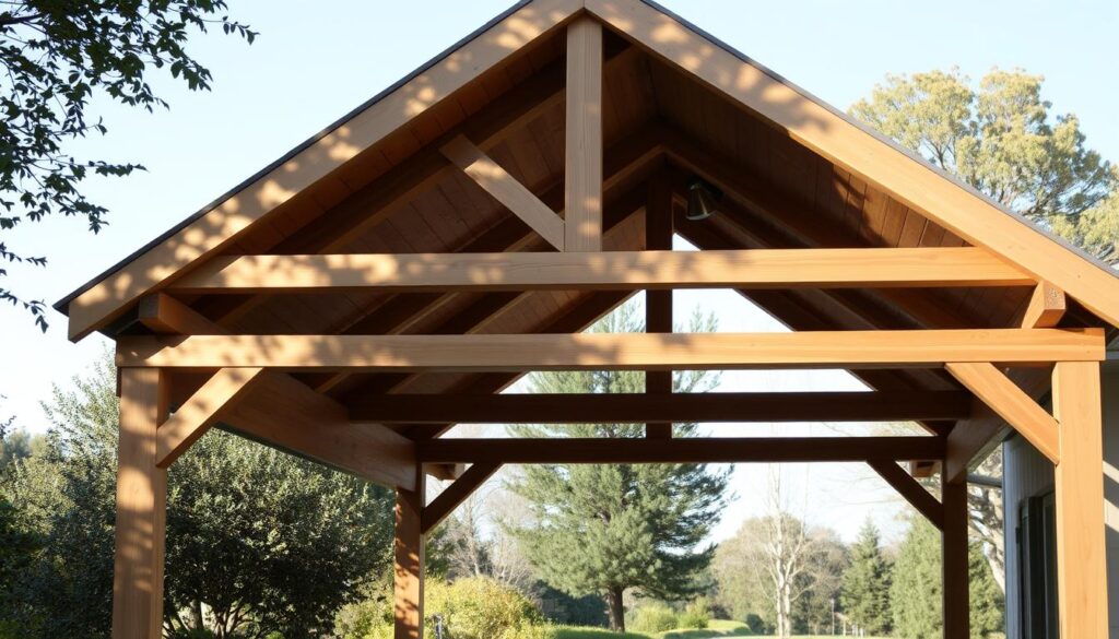 A well-crafted wooden carport stands at the entrance, its natural grain and warm tones blending seamlessly with the surrounding foliage. Sunlight filters through the slatted roof, casting gentle shadows across the smooth, weathered planks. The structure's clean lines and sturdy construction evoke a sense of rustic elegance, perfectly complementing the tranquil, countryside setting. Carefully positioned spotlights illuminate the carport's key features, highlighting its functional and aesthetic appeal. The entire scene conveys a balance of practical utility and architectural beauty, inviting visitors to appreciate the charm and versatility of a classic wooden carport design.