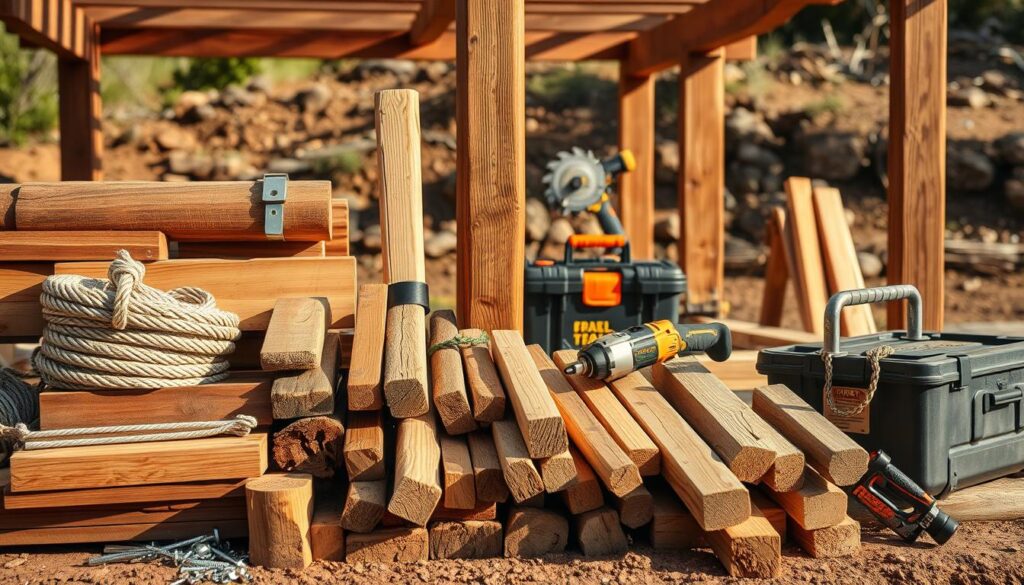 A well-lit, detailed still life image showcasing an assortment of materials and tools for constructing a wooden pergola. In the foreground, an array of wood planks, beams, and posts in various lengths and thicknesses, along with coils of rope, metal hardware like screws and brackets, and a carpenter's toolbox. The middle ground features a selection of power tools such as a cordless drill, circular saw, and hammer. The background softly fades to reveal a natural, earthy setting, hinting at the outdoor environment where the pergola will be installed. The lighting is warm and natural, casting gentle shadows that accentuate the textures and forms of the materials. The overall mood is one of preparation, craftsmanship, and the promise of an upcoming construction project.