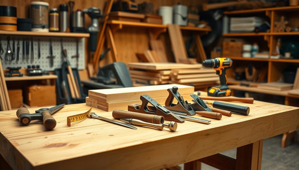 A well-lit workshop setting with a sturdy wooden workbench in the foreground. An array of essential carpentry tools arranged neatly on the bench, including a handsaw, hammer, tape measure, chisel, and wood plane. In the middle ground, a stack of freshly cut lumber and a cordless power drill. The background features shelves stocked with various woodworking supplies and equipment, casting warm, even lighting across the scene. The overall atmosphere is one of organized productivity, conveying the tools and materials needed for a successful carpentry project.