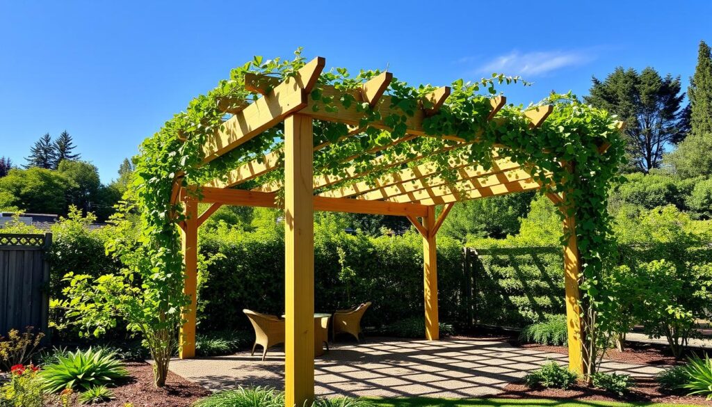 A well-planned, harmonious pergola nestled in a lush garden setting. A sturdy wooden frame stands tall, adorned with delicate climbing vines that cast intricate shadows on the ground below. The sun filters through the lattice, creating a warm, inviting ambiance. The pergola's footprint is thoughtfully positioned, integrating seamlessly with the surrounding landscaping. Carefully considered dimensions and proportions ensure the structure complements the space, inviting relaxation and outdoor enjoyment. A pristine, natural wood finish enhances the organic feel, while strategic lighting adds enchanting touches. The scene evokes a sense of tranquility, perfectly capturing the essence of planning and constructing a beautiful, functional pergola.