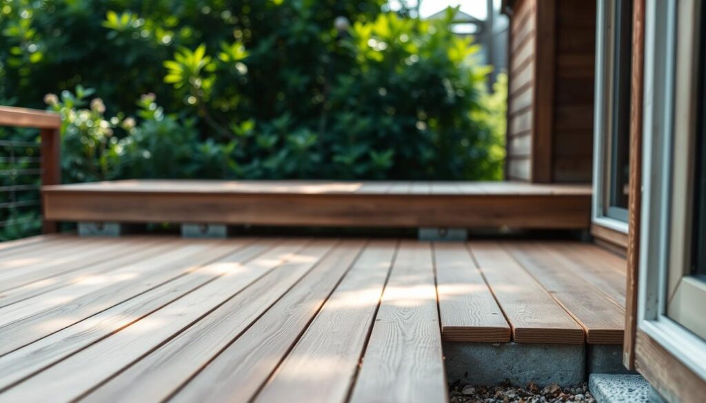 A wooden deck built on sturdy concrete plots, nestled in a serene garden setting. The deck's smooth, sanded boards create a warm, inviting surface, with strategic spacing allowing for natural drainage. Soft, diffused sunlight filters through the verdant foliage, casting a gentle glow across the scene. The deck's clean lines and minimalist design seamlessly blend with the lush, surrounding greenery, creating a harmonious, outdoor living space. Subtle shadows and reflections in the wood's grain add depth and texture, while the overall composition conveys a sense of tranquility and rustic charm.