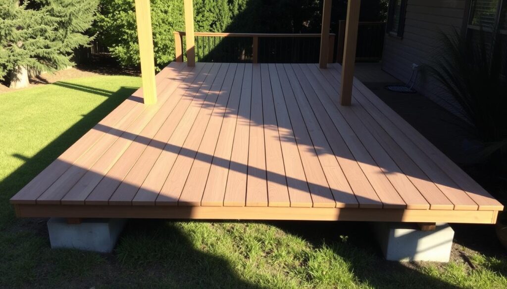 A wooden deck elevated on sturdy concrete plots, bathed in warm afternoon sunlight. The planks are arranged in a clean, linear pattern, contrasting with the lush greenery surrounding the space. Soft shadows cast by the posts create a sense of depth, while the natural wood grain adds tactile interest. The deck is positioned to offer a panoramic view of a tranquil backyard, inviting outdoor relaxation and entertaining. A minimalist, yet inviting atmosphere, this raised wooden terrace embodies the perfect fusion of nature and modern design.