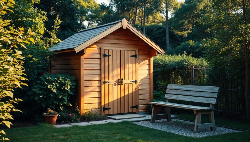 A wooden garden shed nestled in a lush, verdant landscape. The structure features a gabled roof, rustic wooden siding, and a charming double-door entrance. Warm, natural sunlight filters through the surrounding foliage, casting a soft, inviting glow. The shed is situated atop a gravel path, with a weathered wooden bench nearby, inviting the viewer to pause and admire the tranquil scene. The overall atmosphere conveys a sense of peaceful retreat, a serene oasis amidst the natural world.
