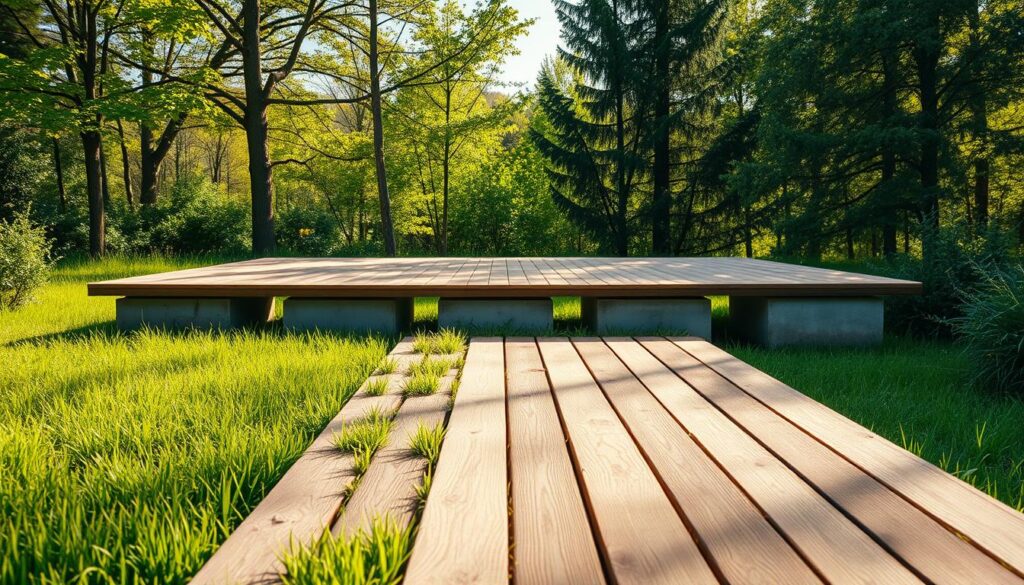 A wooden terrace elevated on sturdy concrete plots, nestled in a lush, verdant setting. The foreground features the intricate wooden planks, their warm tones contrasting with the emerald grass below. The middle ground showcases the supporting concrete plots, their square shapes and smooth surfaces creating a harmonious visual balance. In the background, a mix of deciduous and evergreen trees sway gently, casting soft shadows that dance across the terrace's surface. The scene is illuminated by natural sunlight, casting a soft, golden glow and accentuating the rustic charm of the wooden terrace. The overall atmosphere exudes a sense of tranquility and invites the viewer to imagine the relaxation and outdoor enjoyment this well-prepared space can provide.