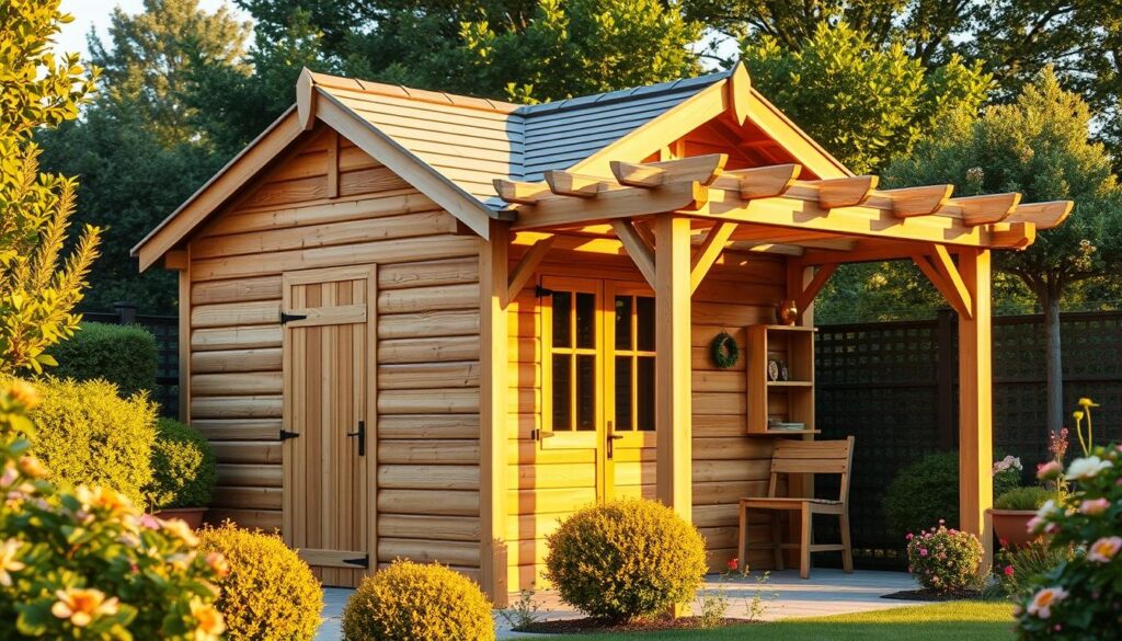 Detailed wooden garden shed with integrated pergola, set in a lush, verdant backyard. The shed's gabled roof and timber frame construction give it a rustic, natural charm. The attached pergola, with its latticed beams, casts gentle shadows and creates a semi-enclosed outdoor living space. The scene is bathed in warm, golden hour lighting, casting a cozy, inviting atmosphere. Carefully manicured shrubbery and flowers surround the structure, blending it seamlessly into the idyllic garden setting. The composition emphasizes the integration of the appentis into the overall landscape, showcasing its functional and aesthetic role.