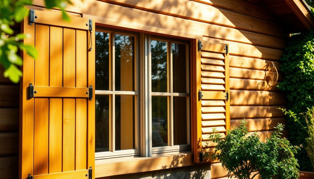 A beautifully crafted set of wooden sliding shutters adorning the exterior of a cozy countryside home. Sunlight filters through the slatted panels, casting warm, natural patterns across the façade. The wood grains are intricately detailed, ranging from rich russet to pale honey tones. The shutters are seamlessly integrated into the home's architecture, accentuating its classic, timeless charm. A subtle interplay of light and shadow adds depth and dimension, evoking a sense of tranquility and timelessness. The overall scene exudes a picturesque, rural ambiance, perfectly complementing the serene surroundings.