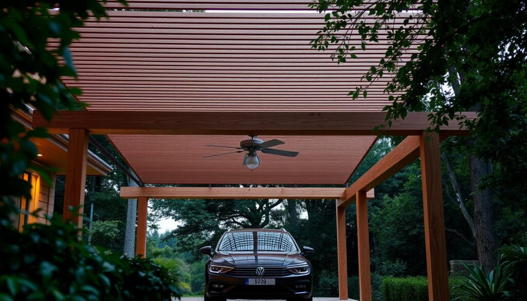 A beautifully crafted wooden carport, nestled in a lush, verdant landscape. The structure's warm, natural tones and clean, minimalist design blend seamlessly with the surrounding foliage. Soft, diffused lighting filters through the wooden slats, creating a peaceful, serene ambiance. The carport's spacious interior offers ample room to shelter a vehicle, while its open-air design allows for natural ventilation and a connection to the outdoors. Intricate wood grains and precise joinery showcase the craftsmanship and attention to detail. The carport is positioned to take advantage of the picturesque setting, with a backdrop of towering trees and a glimpse of a tranquil sky. This harmonious integration of form and function exemplifies the beauty and practical benefits of a wooden carport.