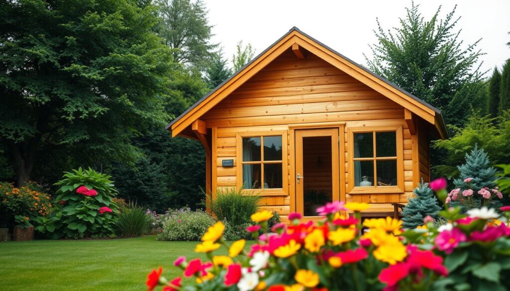 A beautifully crafted wooden garden cabin nestled amidst a lush, verdant landscape. The structure features a charming peaked roof, warm timber paneling, and large windows that flood the interior with natural light. In the foreground, a well-tended flowerbed bursts with vibrant colors, adding a touch of whimsy. The cabin is positioned at an angle, allowing the viewer to appreciate its architectural details and seamless integration with the surrounding environment. Soft, diffused lighting casts a gentle glow, creating a welcoming and serene atmosphere. The overall scene embodies the warmth, rustic charm, and tranquility of a handcrafted wooden garden retreat.