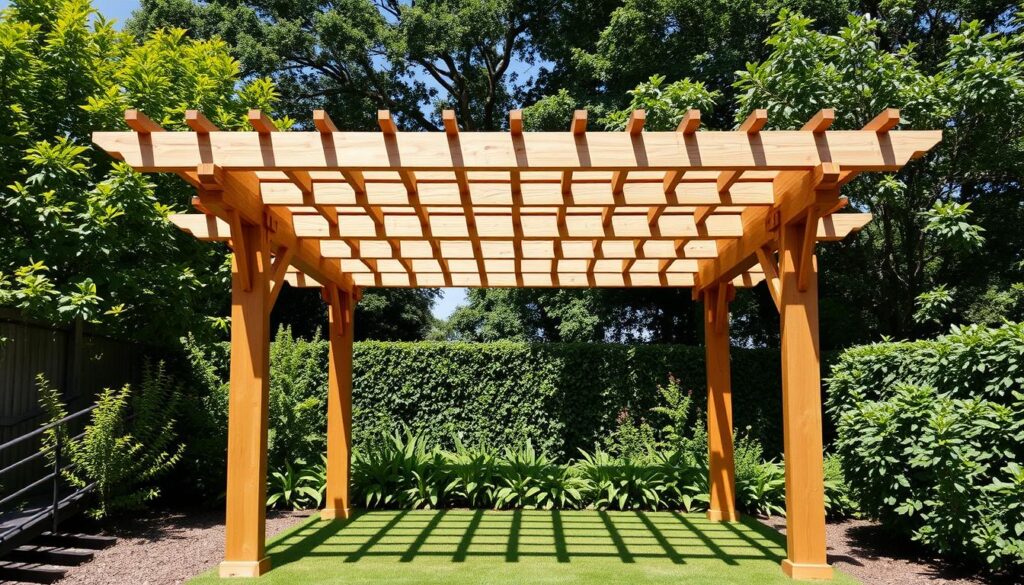 A beautifully crafted wooden pergola stands in a sunlit garden, its intricate latticework casting delicate shadows on the ground below. The structure is built with precision, each timber meticulously joined to create a harmonious and functional design. The warm, natural hues of the wood blend seamlessly with the lush, verdant foliage surrounding it, creating a serene and inviting atmosphere. The pergola's clean, minimalist lines and thoughtful proportions suggest a well-planned and expertly executed project, perfect for showcasing the beauty of a flat-roofed wooden structure in a residential setting.