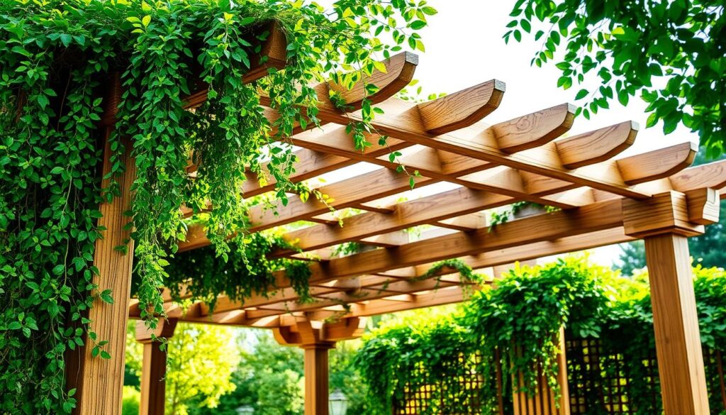 A beautifully crafted wooden pergola stands tall, its latticed beams and columns creating a warm, inviting ambiance. The structure is nestled amidst a lush garden, with vibrant greenery cascading from the overhead trellis. Soft, natural lighting filters through the openings, casting a gentle glow on the weathered wood. The pergola's elegant design seamlessly blends with the surrounding landscape, offering a perfect outdoor retreat for relaxation and gatherings. The scene exudes a sense of tranquility and rustic charm, perfectly complementing the title "Les avantages d'une pergola adossée en bois pour votre extérieur".