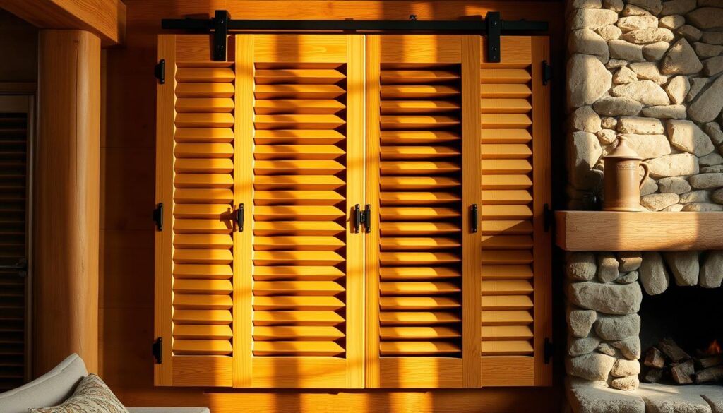 A beautifully crafted wooden sliding shutter, its smooth, natural grain and rich honey hue add warmth and charm to a cozy cottage interior. Elegant angled panels glide effortlessly, casting intricate shadows that dance across the wall, diffusing soft, ambient light. Positioned against a backdrop of exposed wooden beams and a stone fireplace, the shutter's rustic simplicity complements the room's inviting, countryside aesthetic. Meticulously detailed, the shutter's hardware - hinges, pulls, and tracks - are seamlessly integrated, showcasing the artisanry of its construction. An ideal solution for privacy and light control, this wooden sliding shutter embodies the natural beauty and practical functionality that make it a timeless choice for the modern home.