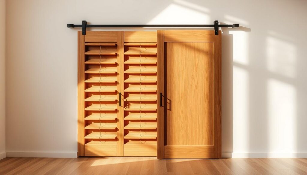 A beautifully crafted wooden sliding shutter stands in a warm, sun-dappled room. The rich grain of the wood is highlighted by soft, directional lighting, casting gentle shadows that accentuate its tactile quality. The shutter glides effortlessly along a sleek, minimalist track, its smooth motion conveying a sense of understated elegance. The room's neutral palette provides a serene backdrop, allowing the shutter to take center stage as a harmonious focal point. This image captures the timeless appeal and functional beauty of a well-designed wooden sliding shutter, perfectly suited to illustrate the fundamental aspects of this versatile architectural feature.
