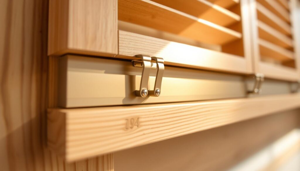 A close-up view of a superior installation rail for a sliding wooden shutter, showcasing its intricate design and smooth functionality. The rail is mounted on a wooden surface, with a warm, natural lighting illuminating its sleek metallic finish. The image emphasizes the precision engineering and attention to detail required for proper sliding shutter installation, capturing the essential component that enables the smooth operation of the wooden shutter system.
