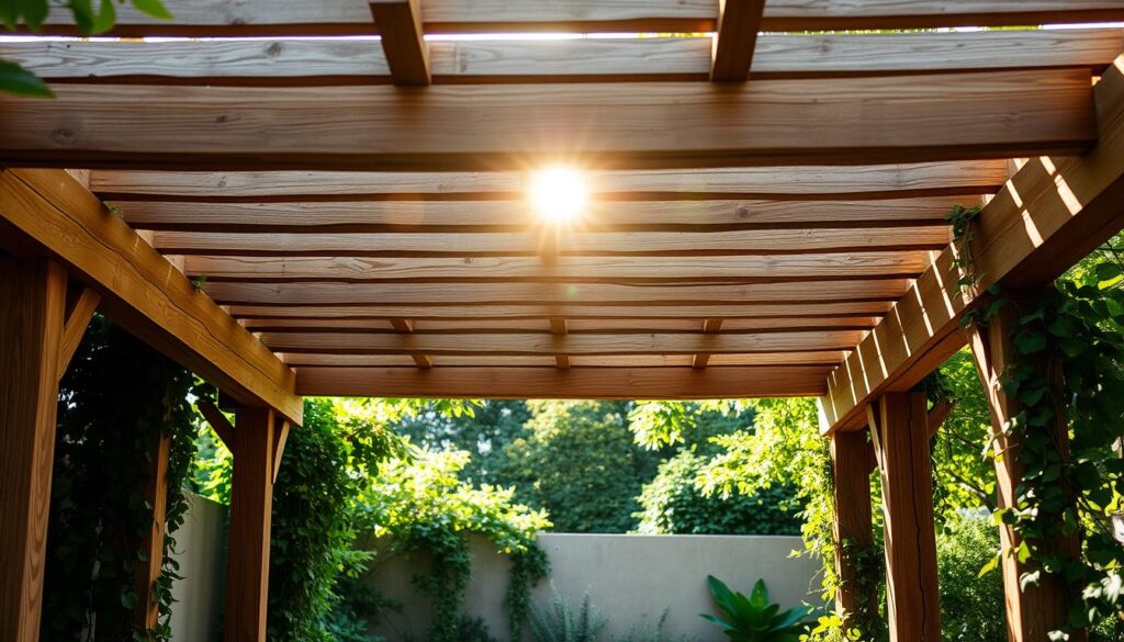 A cozy and rustic pergola structure crafted from weathered, natural wood beams, nestled in a lush, verdant garden backdrop. Sunlight filters through the slatted roof, casting a warm, ambient glow across the scene. The pergola's clean, linear design provides a captivating focal point, while surrounding greenery, such as climbing vines or potted plants, adds a touch of organic elegance. The overall atmosphere evokes a sense of tranquility and outdoor relaxation, perfectly suited for an elegant, European-inspired backyard retreat.