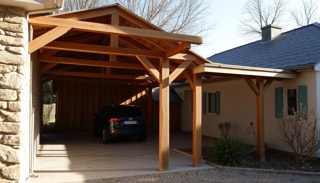 A cozy, rustic carport made of warm, weathered wooden beams and planks, nestled against a charming country house. The structure casts gentle shadows on the ground, inviting one to linger and admire its simple, elegant design. Soft, diffused natural light filters through the open sides, creating a serene, inviting ambiance. The carport's sturdy, functional form is beautifully complemented by its harmonious integration with the surrounding landscape, showcasing the natural beauty and practicality of a wooden carport structure.