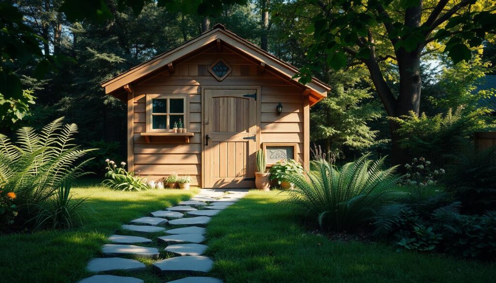 A cozy, rustic wooden garden shed nestled in a lush, verdant backyard. The structure features a pitched roof, weathered wooden siding, and charming window accents. Sunlight filters through the trees, casting a warm, natural glow on the scene. The shed is situated on a bed of verdant moss and surrounded by ferns, wildflowers, and other flourishing greenery. A path of smooth stones leads up to the shed's quaint entryway, inviting exploration. An overall atmosphere of tranquility, simplicity, and connection with nature permeates the image.