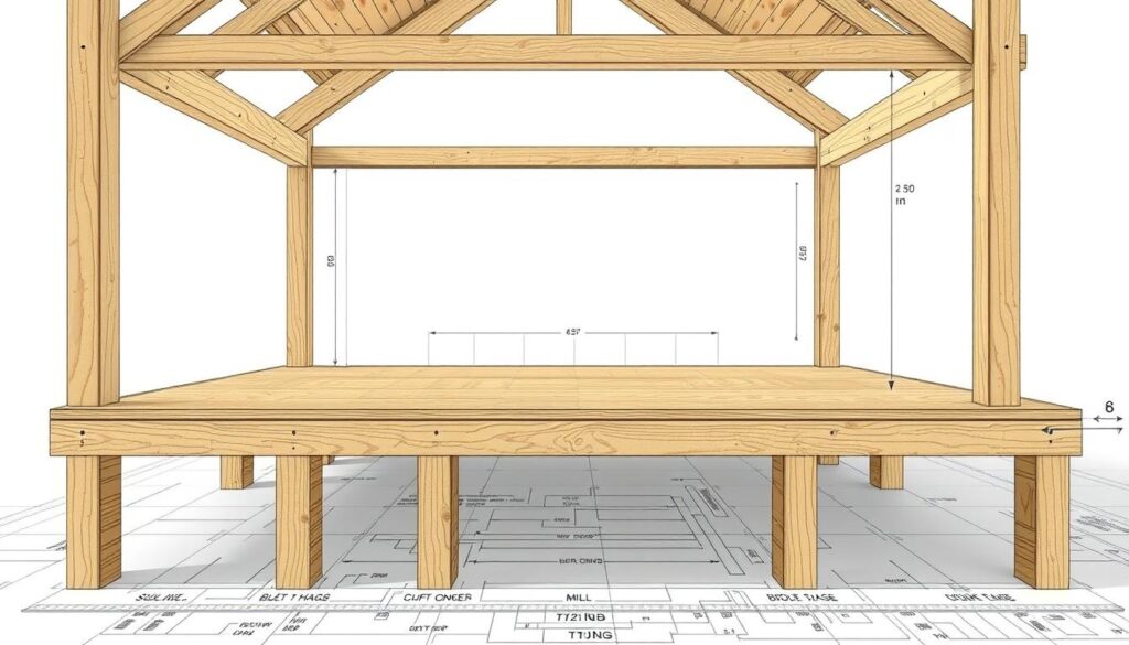 A detailed, architectural blueprint-like illustration of a wooden stage or platform, with a precise, technical rendering of the construction plan. The foreground showcases the intricate joinery, beams, and supports, highlighting the structural integrity. The middle ground presents a clear, orthographic view of the platform's dimensions and layout, while the background subtly suggests the surrounding environment, perhaps a minimalist interior or an outdoor setting. The lighting is crisp and evenly distributed, emphasizing the material textures and engineering. The overall mood is one of carefully planned, functional design, suitable for a DIY woodworking project.