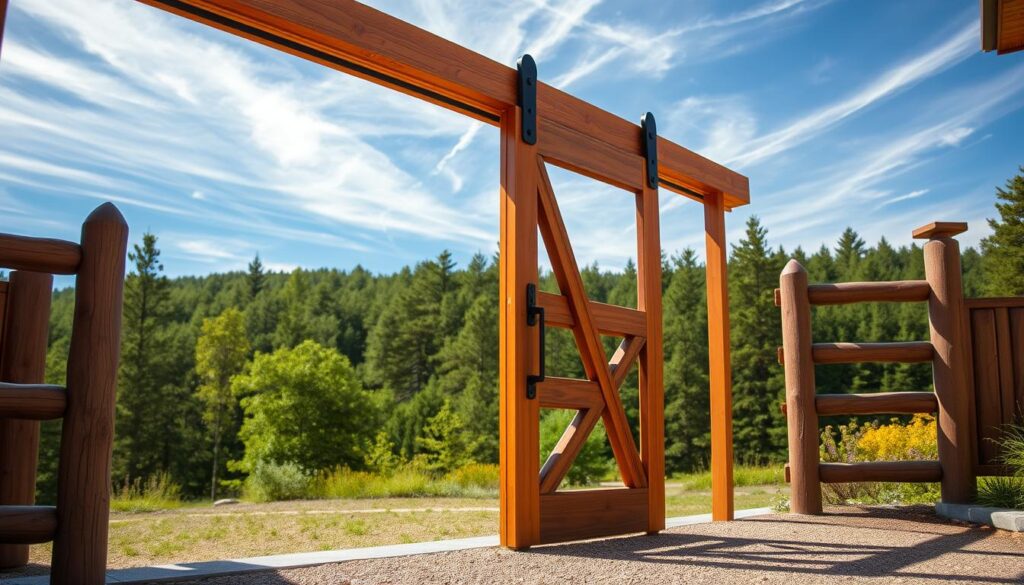 A detailed, beautifully crafted wooden sliding gate stands in the foreground, its intricate woodwork and smooth sliding mechanism showcased in natural lighting. The gate is positioned in a serene outdoor setting, with a lush green forest filling the middle ground and a picturesque blue sky with wispy clouds in the background. The scene conveys a sense of rustic elegance and seamless integration with the natural environment, perfectly capturing the essence of a handcrafted wooden sliding gate.