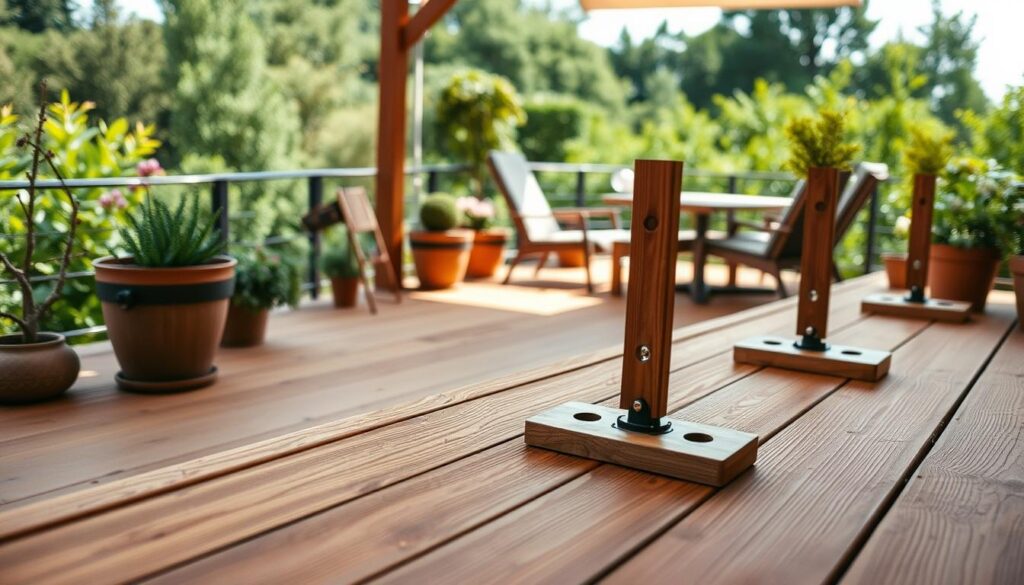 A detailed, high-angle view of a wooden terrace with adjustable supports, known as "lambourdes". The foreground features the wooden boards and the adjustable supports, showcasing their design and functionality. The middle ground includes potted plants and outdoor furniture, creating a cozy and inviting atmosphere. The background depicts a lush, natural setting, such as a garden or trees, to provide a harmonious backdrop. The lighting is soft and natural, highlighting the warm tones of the wood and creating depth and dimension. The overall composition emphasizes the practical yet aesthetically pleasing aspects of the adjustable terrace supports, as per the article's subject and section title.