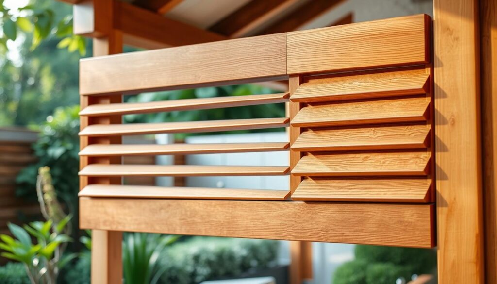 A detailed, high-quality image of a wooden sliding shutter in a natural, well-lit setting. The shutter is made of warm, textured wood planks, arranged in a horizontal design that smoothly slides open and closed. The shutter is mounted in a sturdy wooden frame, set against a backdrop of a serene outdoor scene, perhaps a garden or courtyard, with lush greenery and natural lighting filtering through. The composition captures the functional beauty and craftsmanship of the sliding wooden shutter, showcasing its practical and aesthetic qualities in an inviting, realistic manner.