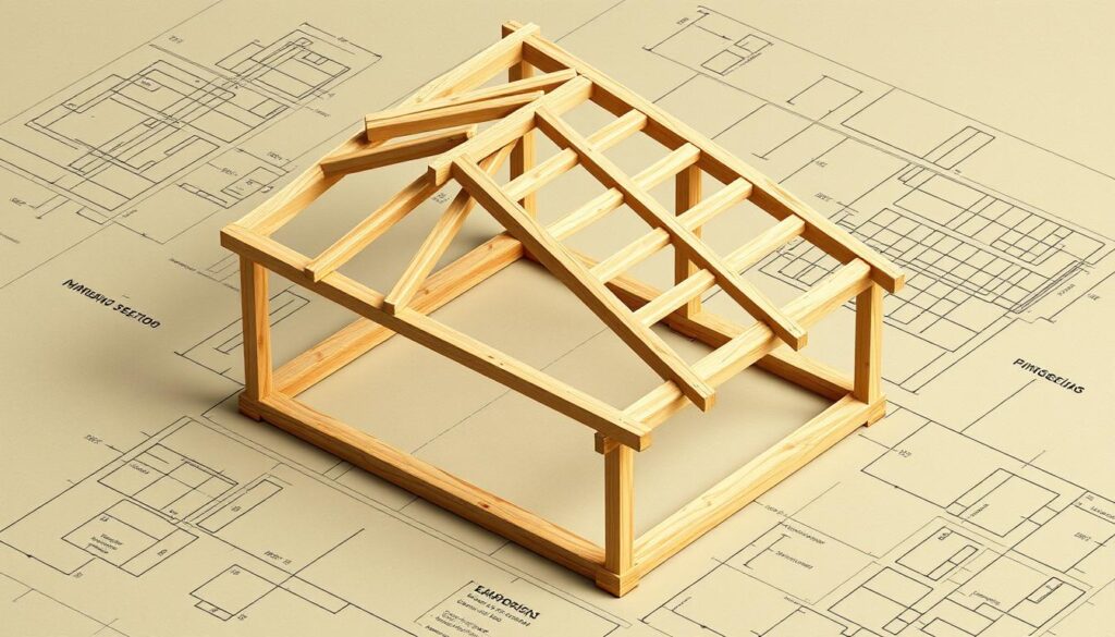 A detailed technical blueprint for a wooden lean-to roof structure, viewed from an isometric angle. The plan showcases the timber frame elements, including beams, rafters, and supporting posts, arranged in a symmetrical and organized layout. The design features precise measurements and annotations, conveying the structural integrity and functionality of the lean-to construction. The scene is rendered with a muted, slightly aged color palette, suggesting a sense of craftsmanship and traditional carpentry techniques. The overall composition emphasizes the engineering and architectural principles behind the lean-to roof plan, providing a clear visual reference for the article's subject matter.