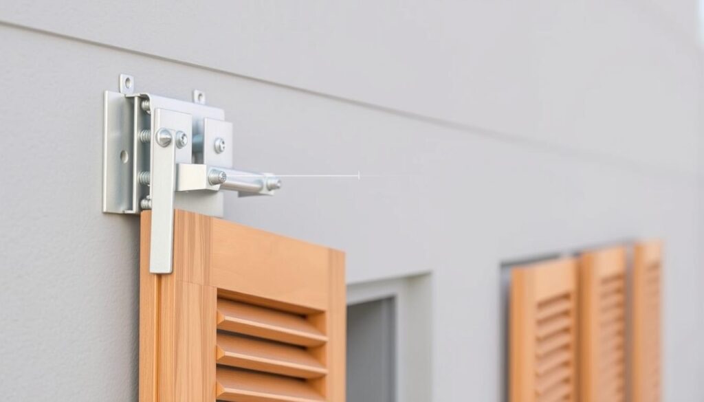 A detailed technical diagram showcasing a sliding shutter mounting system. In the foreground, a close-up view of the metal brackets, screws, and tracks that securely affix the sliding wooden shutters to the building's exterior. The middle ground features the sliding mechanism, with the shutters in various open and closed positions to demonstrate their functionality. In the background, a neutral gray wall provides a clean, uncluttered backdrop to highlight the system's components. Crisp, evenly-lit photography with a shallow depth of field to emphasize the precision engineering of this sliding shutter attachment solution.