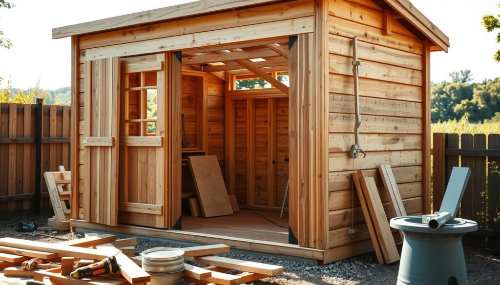 A detailed, well-crafted wooden garden shed stands in a serene backyard. The shed's exterior walls are being constructed, with various wood panels and boards being carefully measured, cut, and nailed into place. The scene is bathed in soft, natural lighting, creating warm shadows and highlights that accentuate the wood's grain and texture. In the foreground, tools and building materials are neatly organized, while the middle ground showcases the shed's structural frame taking shape. The background features a lush, verdant landscape, hinting at the tranquil setting where this charming DIY project is unfolding.