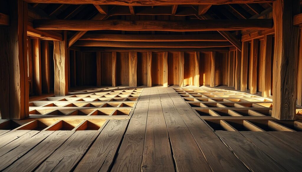 A detailed, well-lit interior scene showcasing the intricate wooden floor joists and beams of a traditional wooden floor. The solivage, or floor framing, is prominently displayed, highlighting the structural components that provide the foundation for the wooden planks above. The scene is bathed in warm, natural lighting, emphasizing the rich tones and textures of the aged, weathered wood. The camera angle is slightly elevated, allowing the viewer to appreciate the craftsmanship and engineering behind the solivage system. The overall mood is one of reverence and appreciation for the timeless beauty and function of this essential element of a wooden floor.