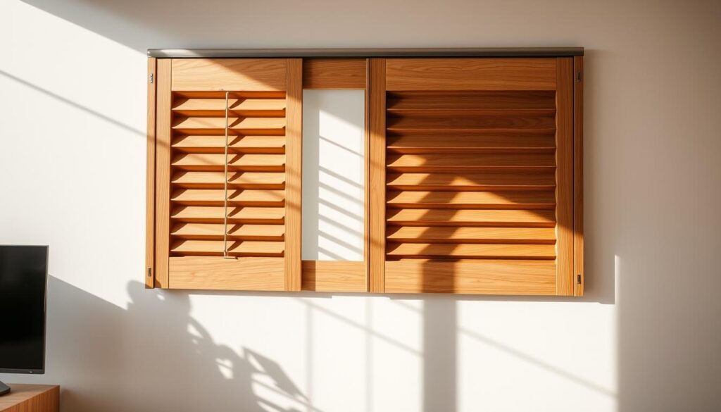 A finely crafted wooden sliding shutter, its warm oak tones and smooth, streamlined design taking center stage in a sunlit room. The shutter glides effortlessly along a sleek metal track, casting elegant shadows that play across the wall. Attention to detail is evident in the precision-cut panels and the subtle, tapered edges that lend an air of sophistication. The overall impression is one of quality craftsmanship and understated elegance, creating a focal point that seamlessly integrates with the surrounding decor.