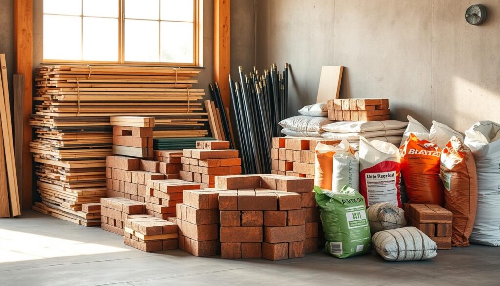 A neatly organized assortment of common construction materials, including stacks of wooden planks, bundles of metal bars, piles of bricks, and bags of cement, all illuminated by warm, natural light streaming in from a large window. The items are arranged on a clean, concrete floor, creating a visually appealing, informative composition that showcases the essential building blocks for a garage or carport project. The scene exudes a sense of functional simplicity and a focus on the practical aspects of the construction process.