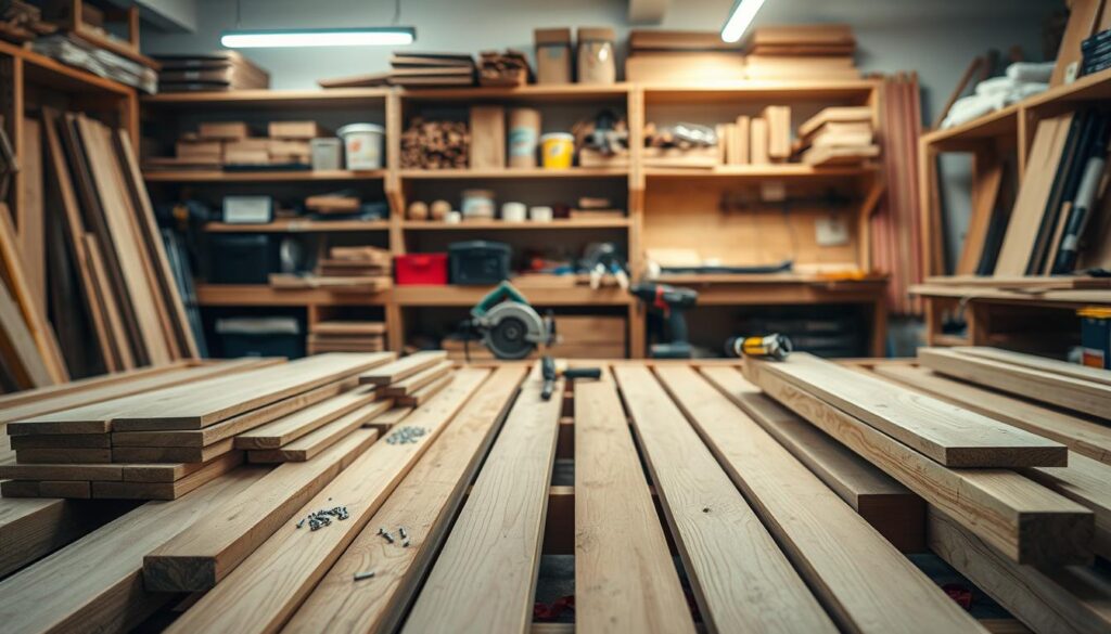 A neatly organized workshop interior, with various construction materials for a wooden floor on joists prominently displayed. In the foreground, a collection of wooden planks, beams, and fasteners such as nails and screws. In the middle ground, power tools like a circular saw, drill, and hammer rest on a sturdy workbench. The background features shelves stocked with additional building supplies and tools, casting a warm, inviting glow from the overhead lighting. The scene conveys a sense of craftsmanship, preparation, and attention to detail - essential qualities for successfully installing a floor on a joist system.