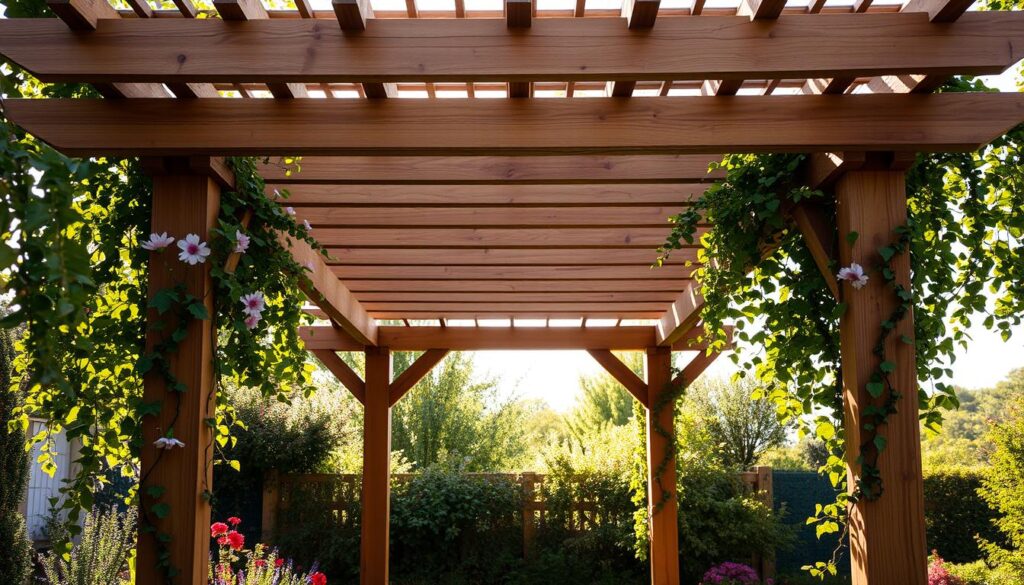 A picturesque wooden pergola stands in a serene garden setting, its graceful beams and latticed structure casting gentle shadows on the lush, verdant surroundings. The sun's warm glow filters through the pergola's overhead slats, creating a cozy, inviting ambiance. The structure is made of high-quality, naturally weathered wood, its rich, earthy tones complementing the earthy hues of the garden. Trailing vines and climbing flowers adorn the pergola, adding a touch of natural beauty and softening the architectural lines. The scene exudes a sense of tranquility and rustic charm, perfectly capturing the allure of a wood-framed pergola as an outdoor living space.