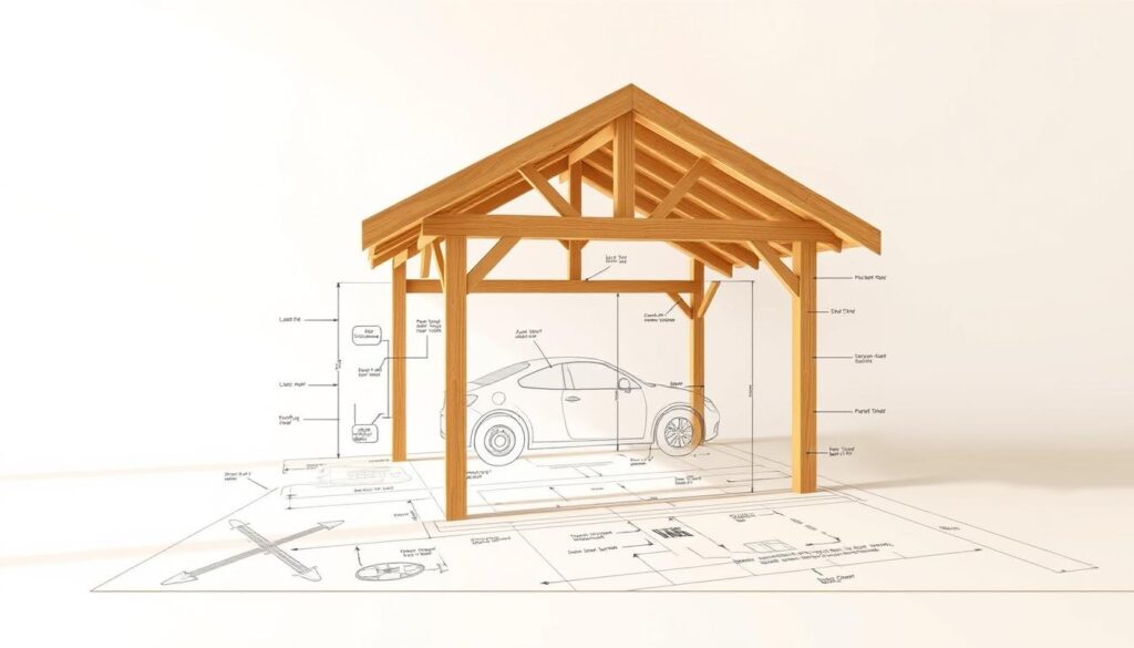 A planning diagram of a wooden car shelter, showcased in a technical engineering diagram style. The main structure is prominently displayed in the center, featuring a gabled roof, wooden frame, and side walls. Detailed architectural annotations point out the key dimensions, materials, and construction steps. The background is a clean, minimalist white space, allowing the blueprint-like design to take center stage. Subtle grid lines and guidelines suggest a precise, methodical approach to the planning process. Warm lighting from above casts soft shadows, enhancing the depth and three-dimensional quality of the illustration. An overall sense of thoughtful preparation and careful consideration of the project's execution.