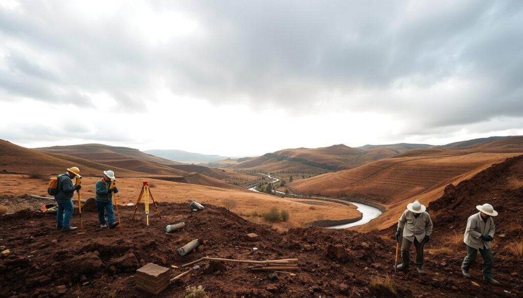 A rugged, rural landscape with a focus on the terrain evaluation for drainage. In the foreground, a team of construction workers examines the soil and topography, using surveying equipment and shovels to assess the drainage potential. The middle ground showcases rolling hills, dotted with sparse vegetation and a winding stream. In the background, a cloudy sky with a soft, diffused lighting casts a contemplative mood over the scene. The overall composition conveys the importance of thoroughly evaluating the land before undertaking any construction or drainage work, in order to ensure a successful and sustainable project.