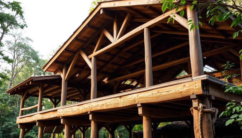 A rustic wooden construction estrade set against a natural backdrop. The structure features a raised platform with sturdy wooden beams and planks, creating a spacious and inviting outdoor living space. The estrade is situated in a lush, verdant environment, with a soft, diffused lighting that casts a warm, golden glow across the scene. The angles and composition showcase the craftsmanship and attention to detail in the woodwork, emphasizing the harmony between the structure and its natural surroundings. The overall mood is one of tranquility, comfort, and a sense of connection to the outdoors.
