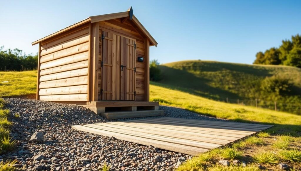 A rustic wooden garden shed with solid foundations sits atop a grassy knoll, bathed in warm morning sunlight. The foreground showcases the sturdy timber frame and packed gravel understructure, revealing the care taken in its construction. In the middle ground, the wooden planks of the floor are meticulously arranged, creating a stable and level surface. The background gently slopes upwards, framing the shed with lush greenery and a clear blue sky, conveying a sense of tranquility and harmony. The overall scene exudes a natural, earthy atmosphere, highlighting the importance of a well-built foundation for a durable and functional garden structure.
