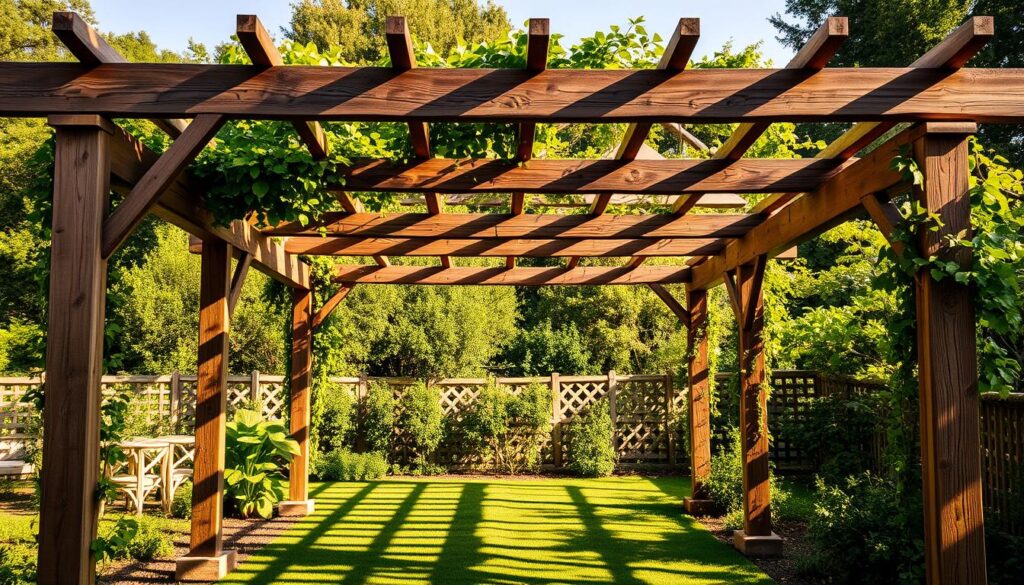 A rustic wooden pergola standing in a lush garden, its sturdy beams and intricate lattice patterns casting gentle shadows on the ground. The structure is bathed in warm, golden sunlight, giving it a cozy, inviting atmosphere. The pergola is integrated seamlessly into the surrounding landscape, with verdant vines and climbing plants adorning its frame. The scene evokes a sense of tranquility and relaxation, perfect for a peaceful outdoor living space. Captured from a slightly elevated angle, the image showcases the pergola's elegant design and natural materials, highlighting its harmonious blend with the natural environment.
