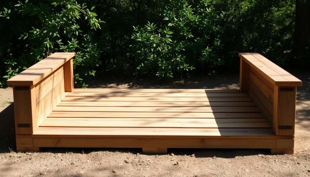 A rustic wooden platform situated in a tranquil outdoor setting, with natural lighting casting soft shadows across the weathered surface. The estrade en bois, or wooden stage, features a simple, minimalist design, constructed from sturdy, unfinished planks arranged in a rectangular pattern. The stage is elevated slightly from the ground, creating a sense of presence and inviting exploration. The background is filled with verdant foliage, hinting at a serene, forest-like environment, adding to the natural, earthy ambiance. The overall composition conveys a sense of warmth, simplicity, and a connection to the great outdoors, perfectly suited to illustrate a DIY guide for building an affordable, yet striking wooden platform.