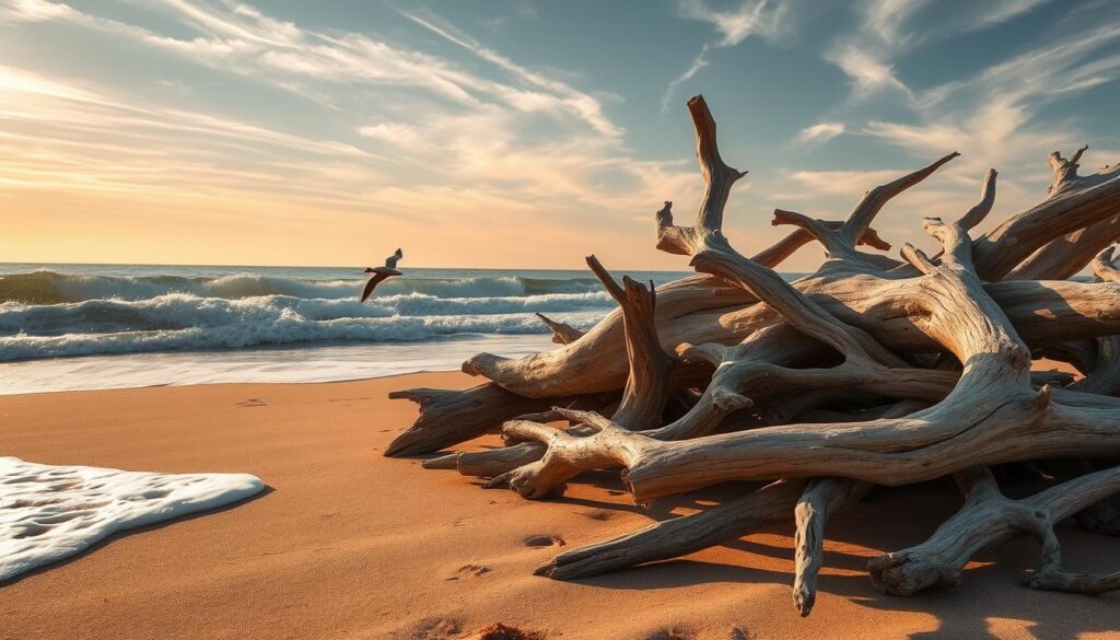 A serene seaside scene, driftwood logs and branches scattered across a sandy beach, sun-bleached and weathered by the elements. The wood's natural curves and textures create a rustic, organic tableau, highlighted by the gentle play of warm, golden light filtering through wispy clouds. Waves roll softly onto the shore, their rhythm reflecting the tranquil ambiance. In the distance, a lone seagull soars, completing the picturesque coastal landscape. This image captures the timeless, natural charm of driftwood décor, perfect for bringing the calming essence of the outdoors into any interior space.